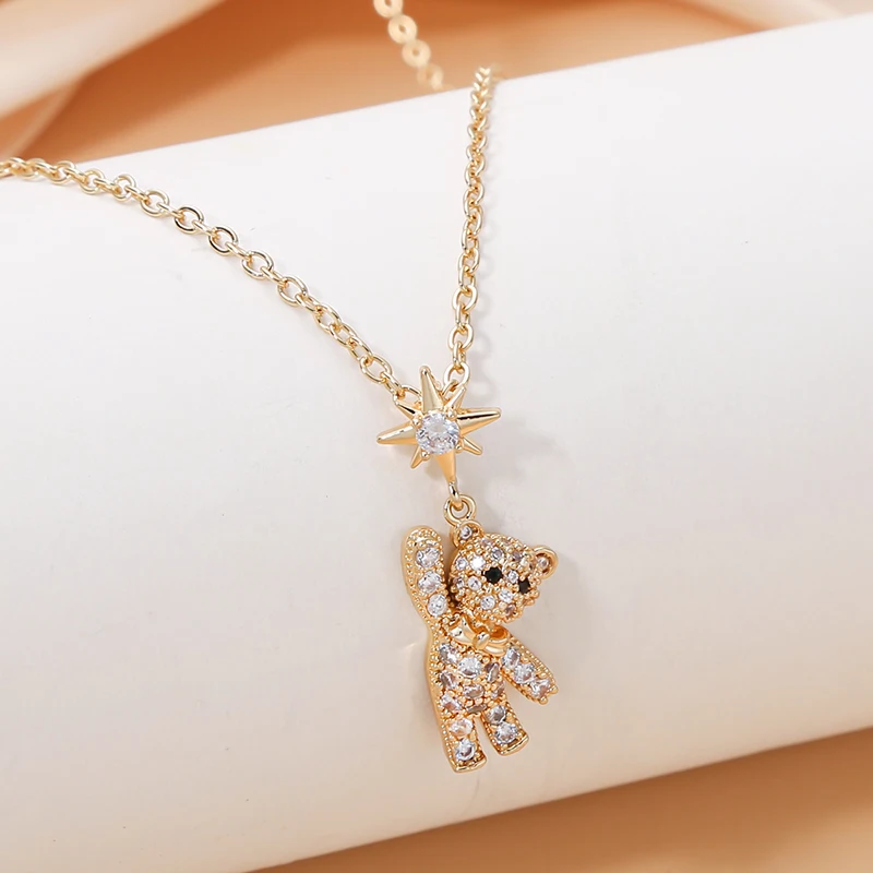 Obega Lovely Bear Necklaces for Women Cubic Zircon Inlaid Gold Color Neck Chain Female Necklaces Cute Jewelry Pendant