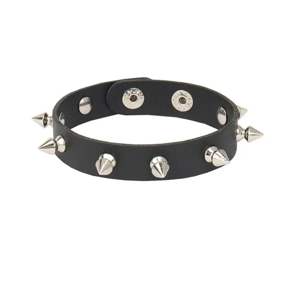 2024 Pu Leather Studded Bracelet Choker Punk Spike Rivets Cuff Black Wristband Adjustable Cuff Bangle