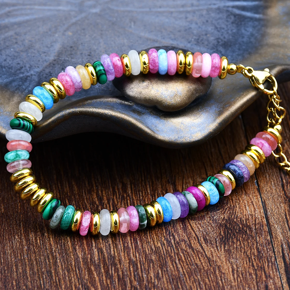 Natural Stone Colorful Mix-Gemstones Beaded Bracelet Bohemian Women's Sweet And Cute Summer Vacation Handmade Jewelry