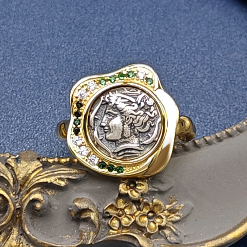 Simple and retro new antique coin ring for female niche, light luxury fairy antique coin ring jewelry wholesale