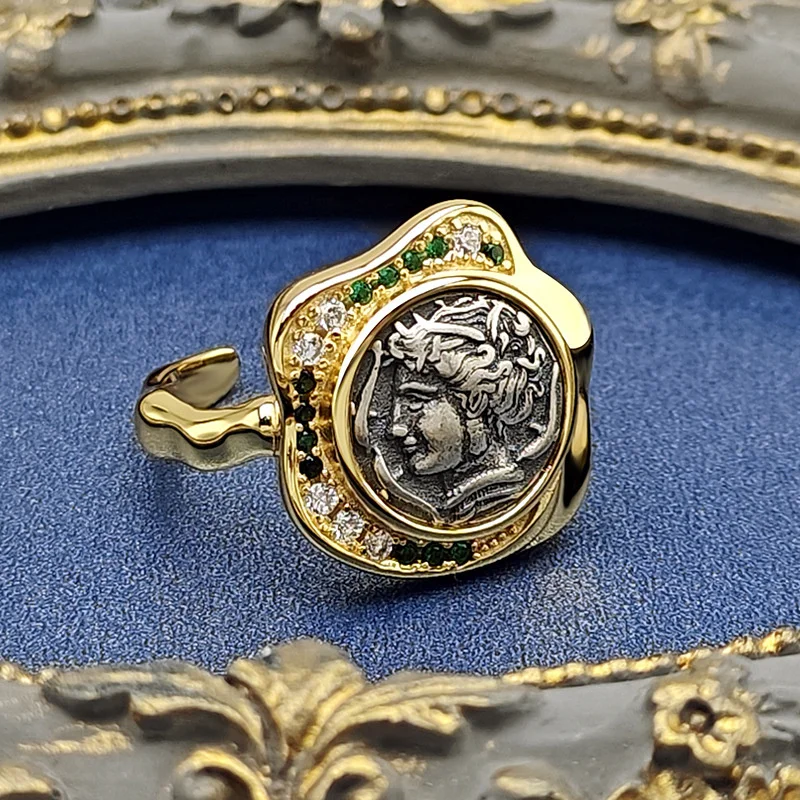 Simple and retro new antique coin ring for female niche, light luxury fairy antique coin ring jewelry wholesale