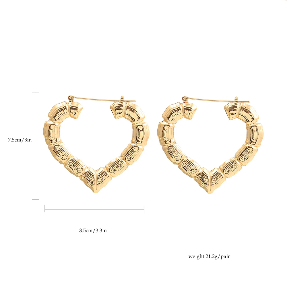 3 Pairs Oversized Hollow Heart Hoop Earrings Set for Women Exaggerated Gold Color Bamboo Piercing Earring Statement Jewelry Punk