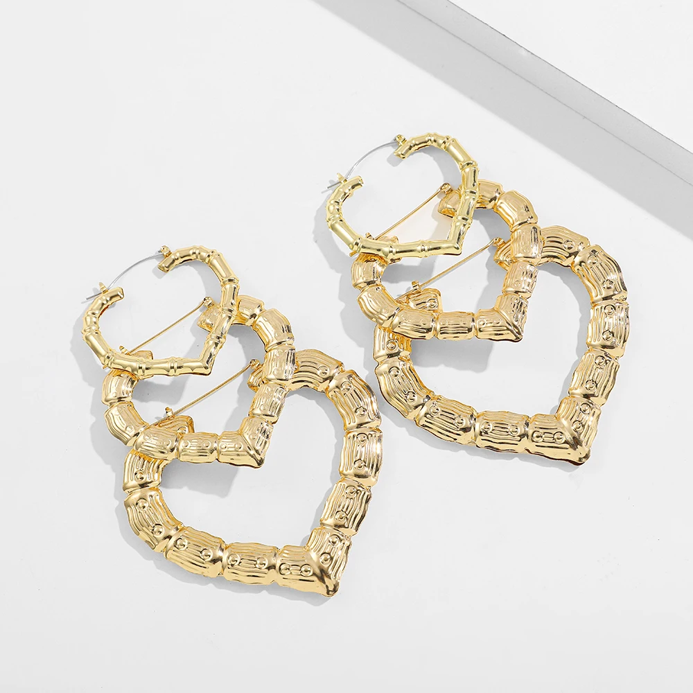 3 Pairs Oversized Hollow Heart Hoop Earrings Set for Women Exaggerated Gold Color Bamboo Piercing Earring Statement Jewelry Punk