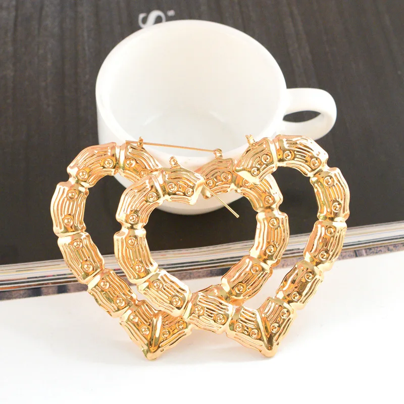 3 Pairs Oversized Hollow Heart Hoop Earrings Set for Women Exaggerated Gold Color Bamboo Piercing Earring Statement Jewelry Punk