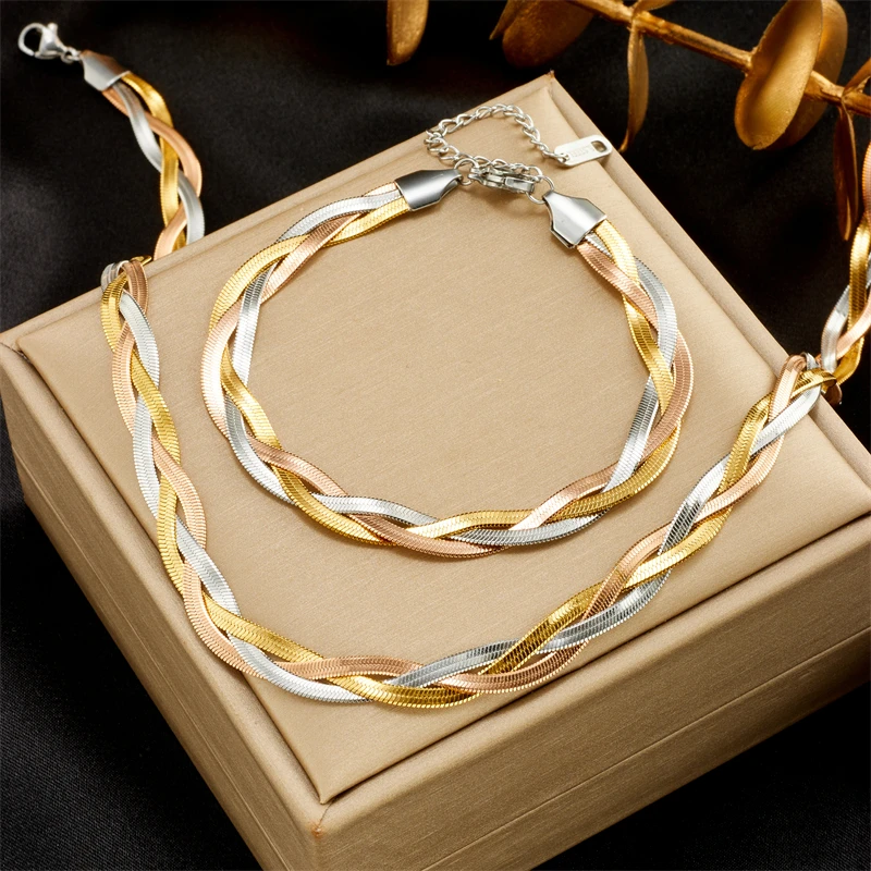 DIEYURO 316L Stainless Steel 3in1 Crossover Snake Chain Necklace Bracelets For Women Girl New Fashion Waterproof Jewelry Set