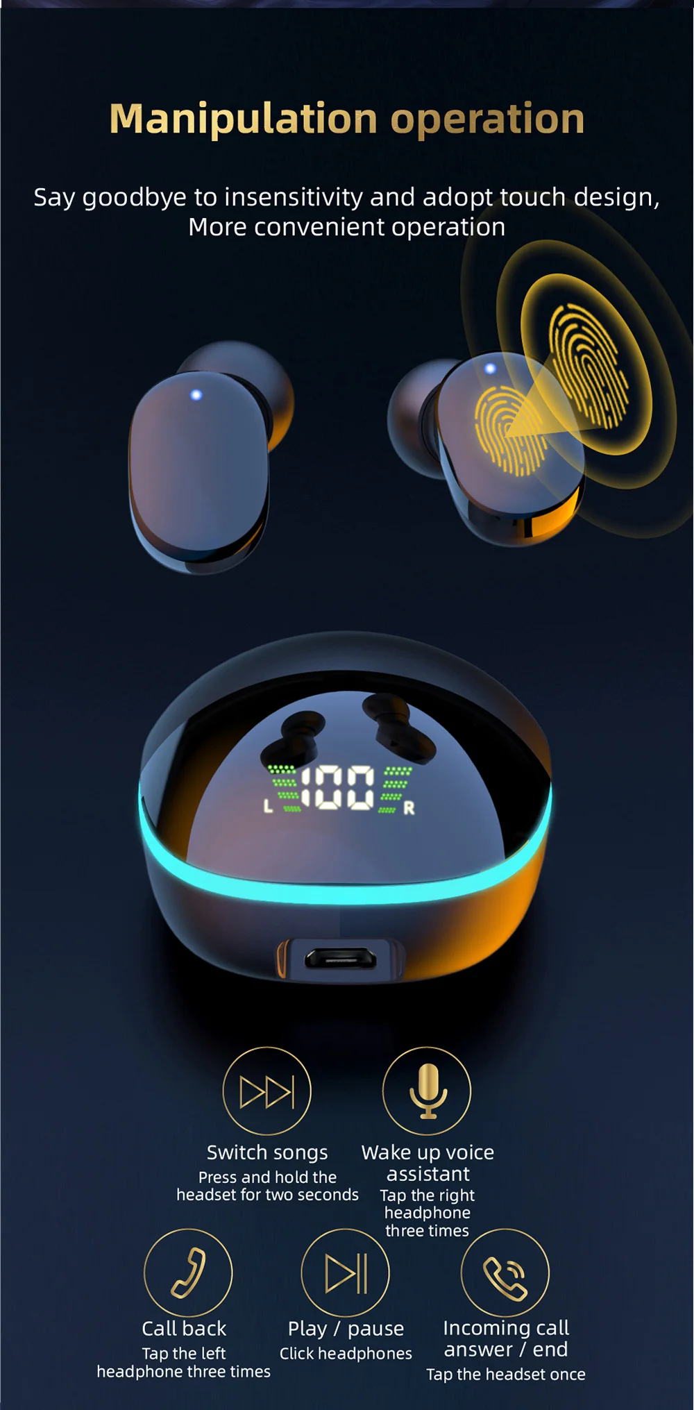 Rockmia Mini TWS Gaming Earphones ETE-73 G9S Bluetooth 5.0 Wireless Earbuds Heavy Bass Deep Sound with Digital LED Display