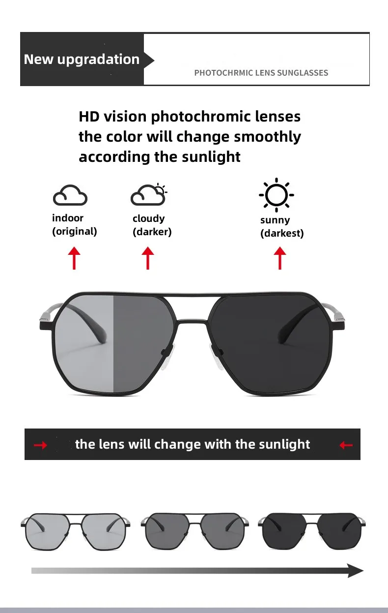 KAMMPT Oversized Vintage Sunglasses Men Women Fashion Polarized Photochromic Shades Eyewear Double Bridge Driving Sun Glasses