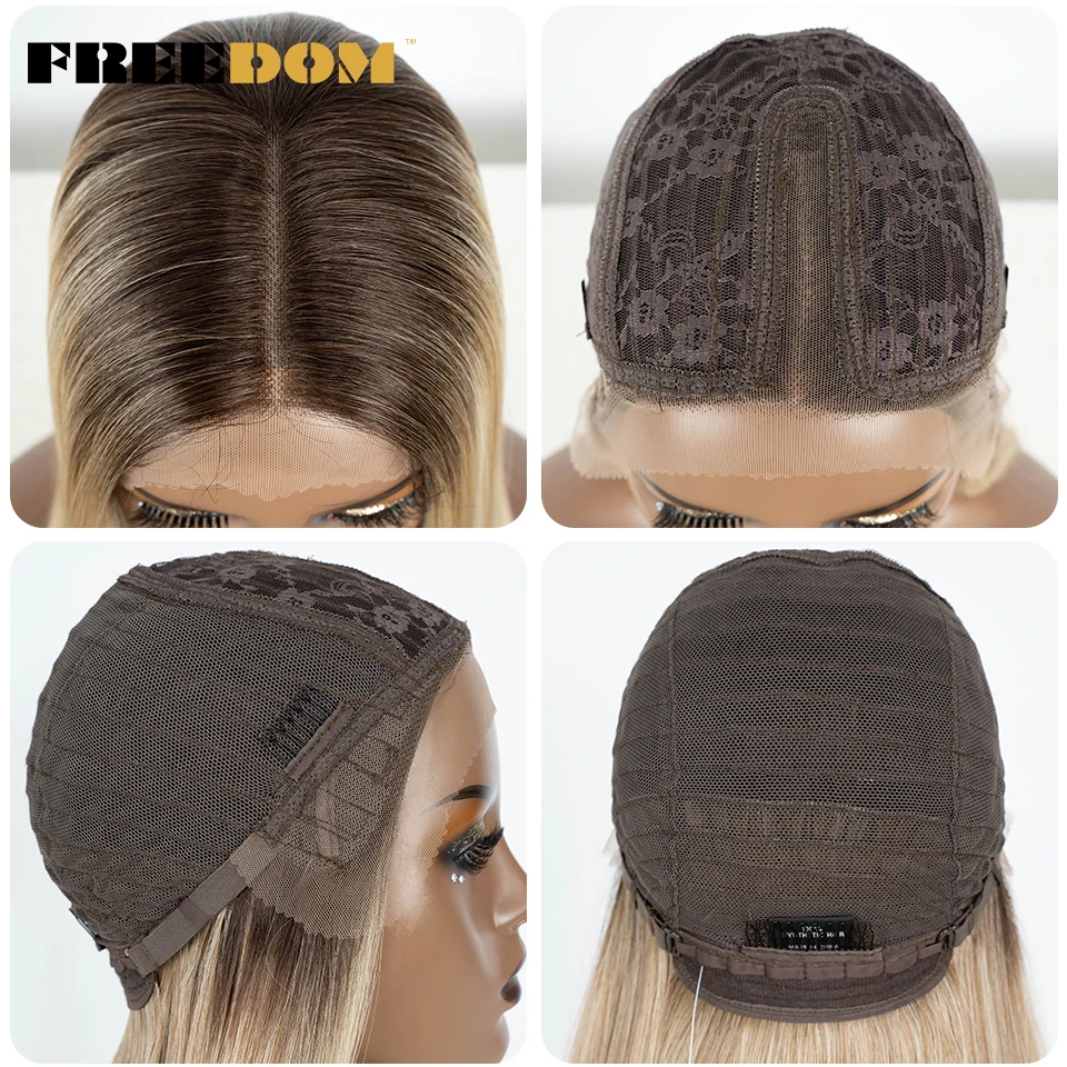 FREEDOM Hair Synthetic Lace Front Wigs For Black Women Straight Bob Wigs 22 inch Easy Wear Ombre Brown Blonde Wig Cosplay Wig
