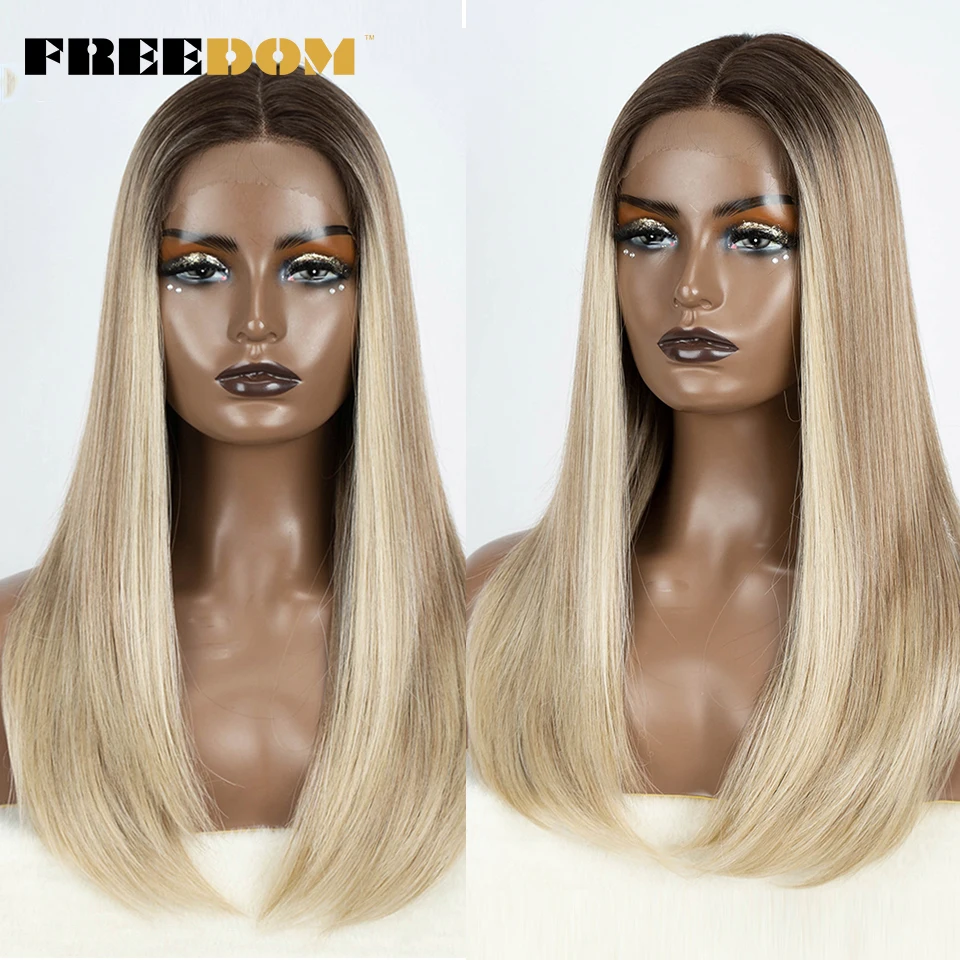 FREEDOM Hair Synthetic Lace Front Wigs For Black Women Straight Bob Wigs 22 inch Easy Wear Ombre Brown Blonde Wig Cosplay Wig
