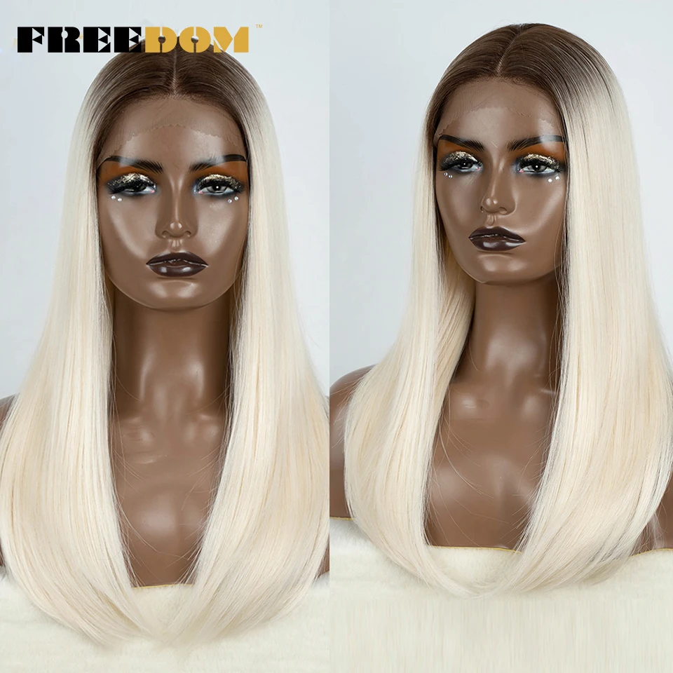 FREEDOM Hair Synthetic Lace Front Wigs For Black Women Straight Bob Wigs 22 inch Easy Wear Ombre Brown Blonde Wig Cosplay Wig