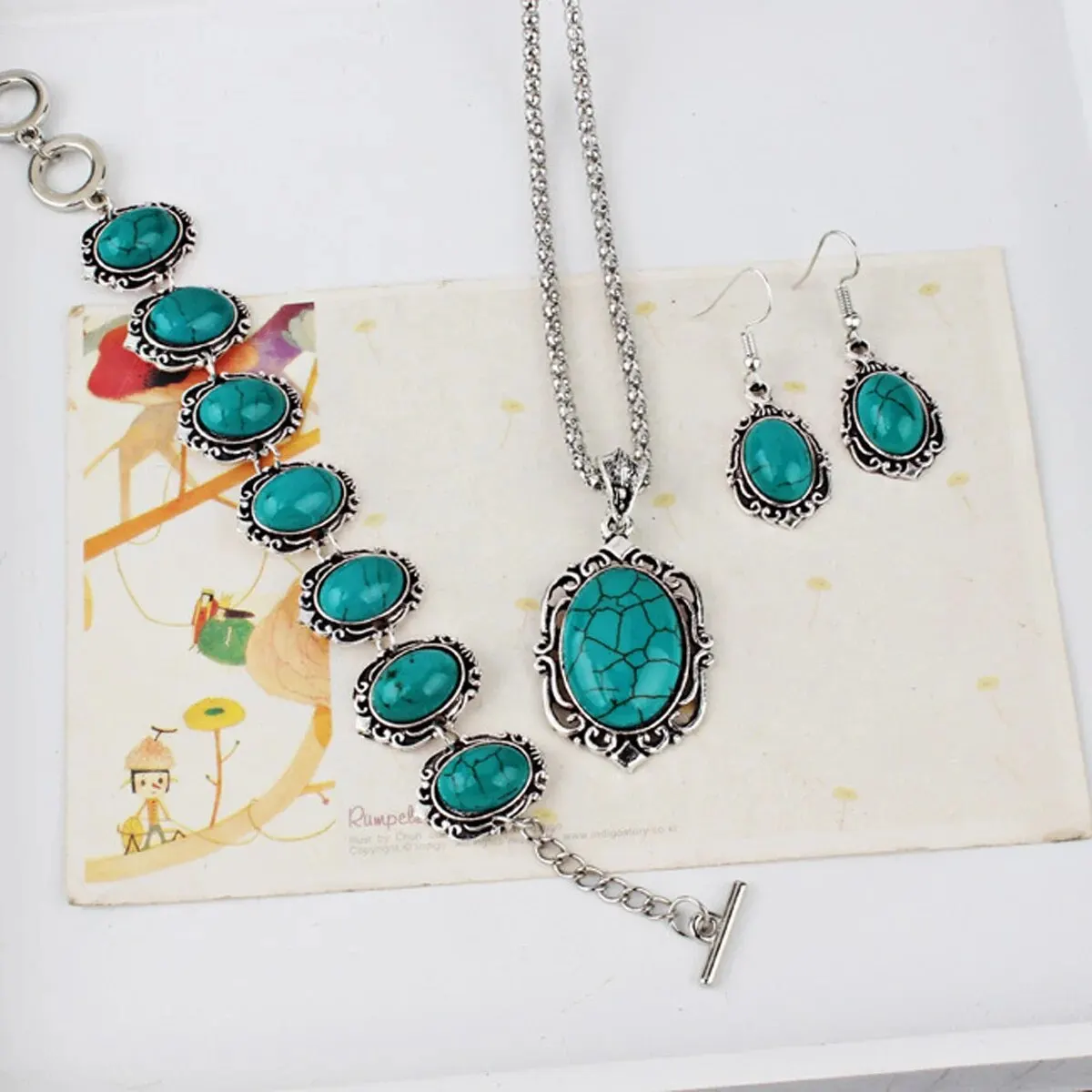 3pcs Women's Vintage Turquoise Bracelet Necklace Earrings Set, Healing Stone Decoration Gift(Without Box)