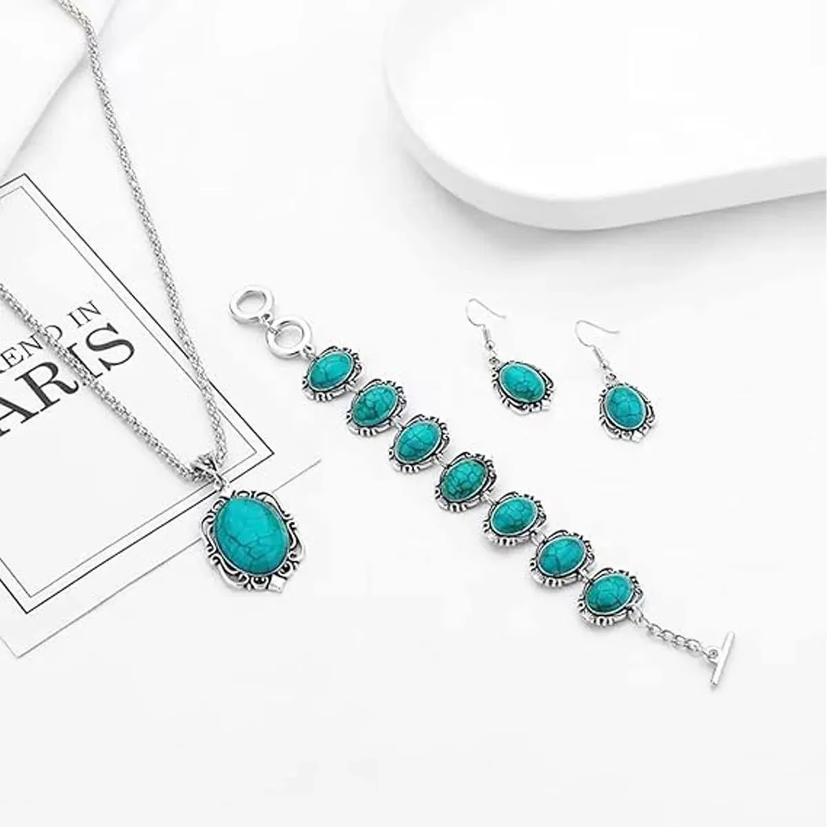 3pcs Women's Vintage Turquoise Bracelet Necklace Earrings Set, Healing Stone Decoration Gift(Without Box)