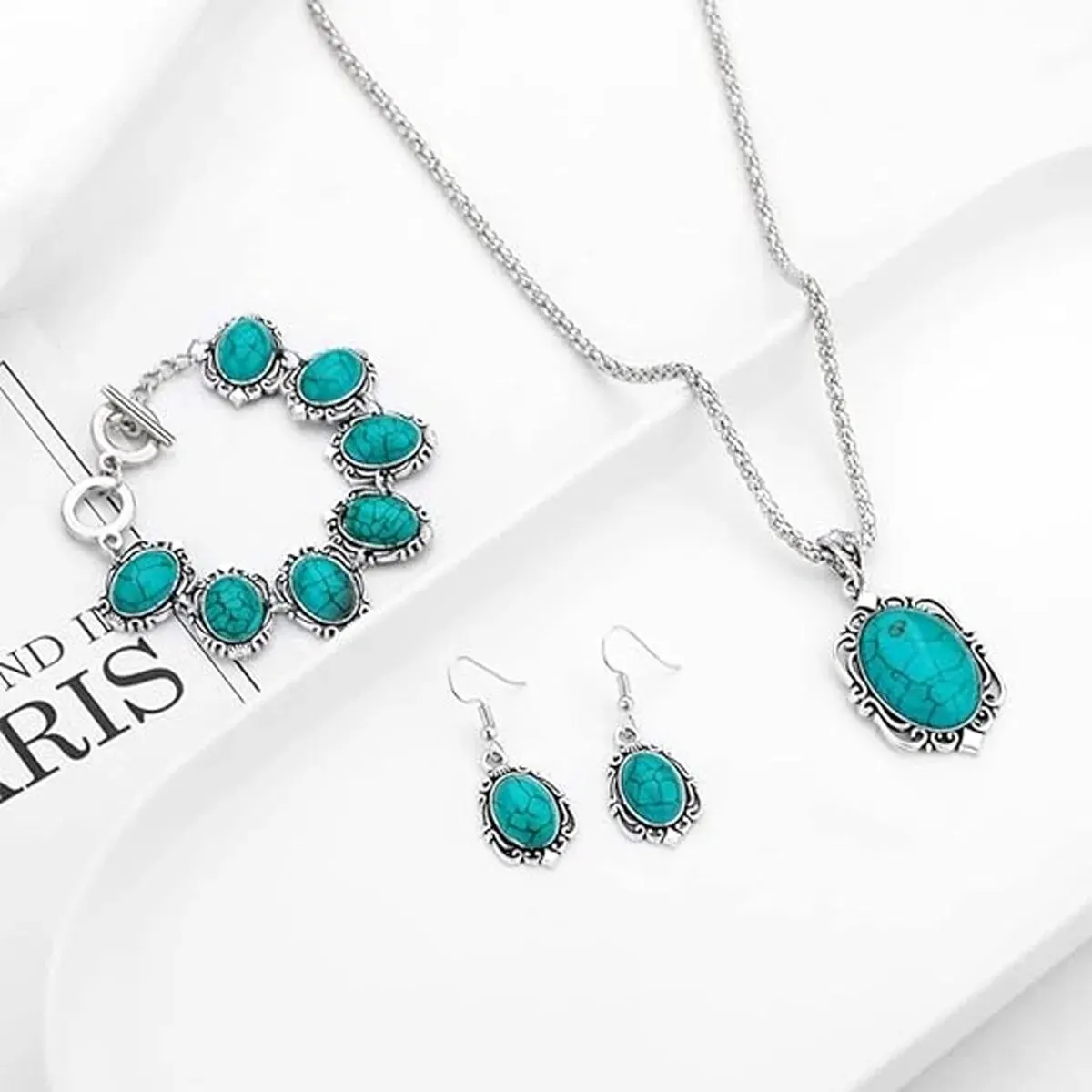 3pcs Women's Vintage Turquoise Bracelet Necklace Earrings Set, Healing Stone Decoration Gift(Without Box)