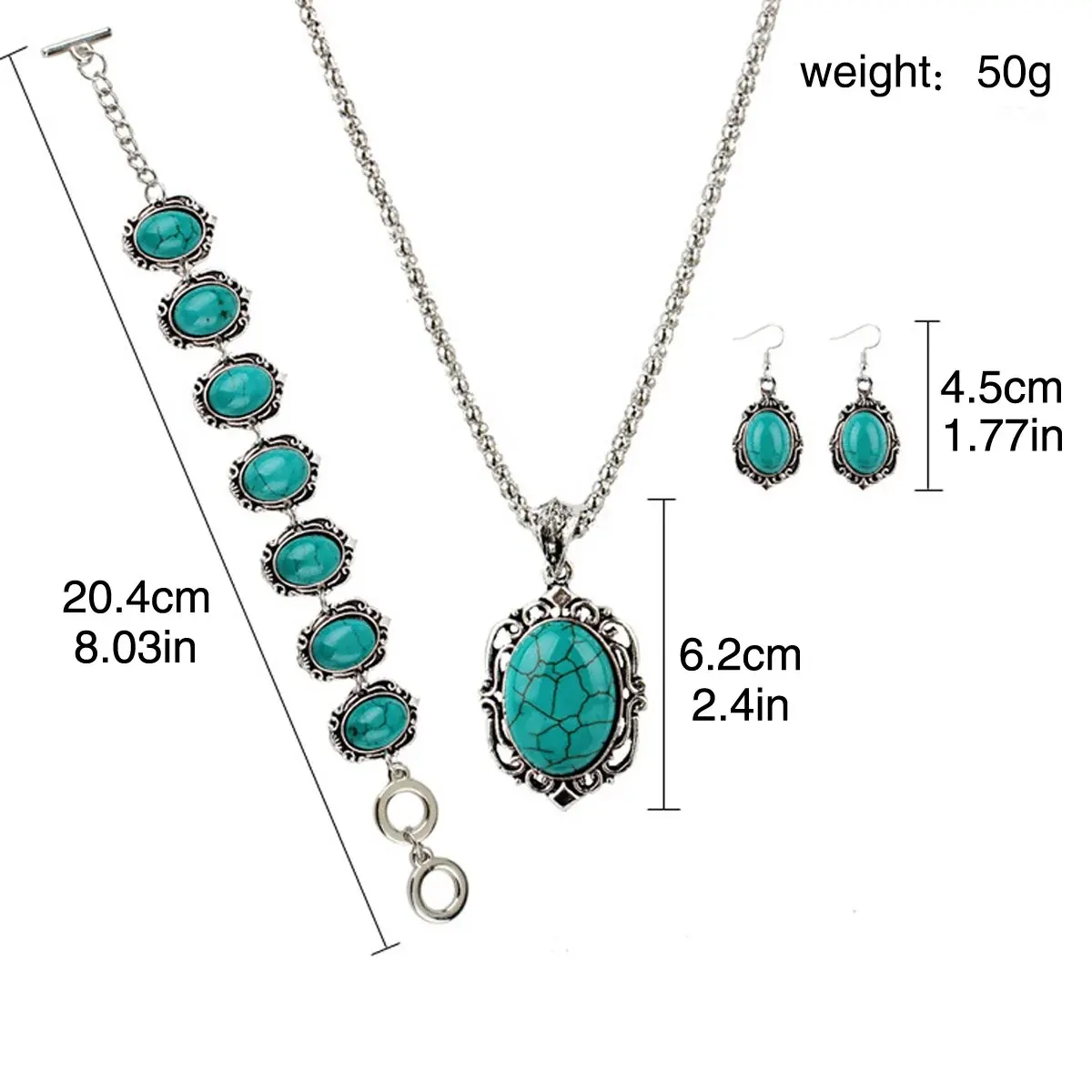 3pcs Women's Vintage Turquoise Bracelet Necklace Earrings Set, Healing Stone Decoration Gift(Without Box)