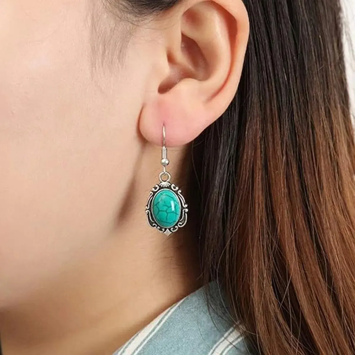 3pcs Women's Vintage Turquoise Bracelet Necklace Earrings Set, Healing Stone Decoration Gift(Without Box)