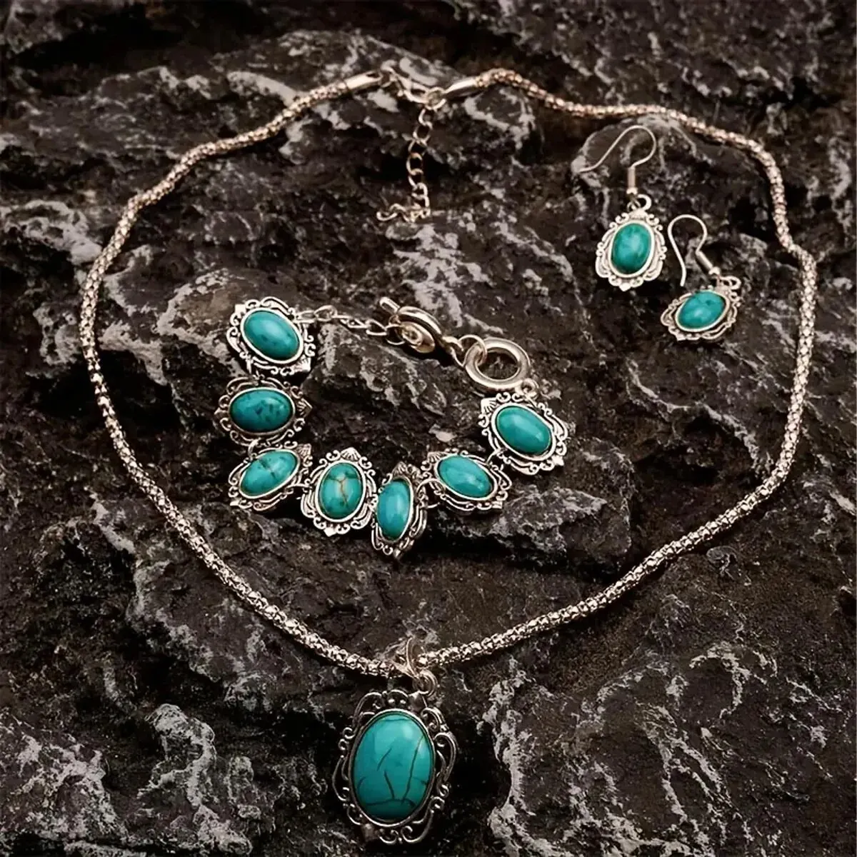 3pcs Women's Vintage Turquoise Bracelet Necklace Earrings Set, Healing Stone Decoration Gift(Without Box)
