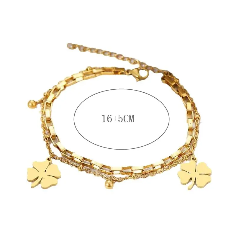 Stainless Steel Bracelets Trendy Fine Bell Clovers Pendant Beads Layer Chain Fashion Bracelet For Women Jewelry Festival Gifts