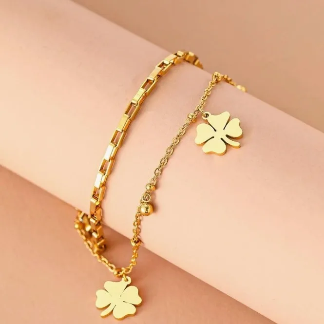 Stainless Steel Bracelets Trendy Fine Bell Clovers Pendant Beads Layer Chain Fashion Bracelet For Women Jewelry Festival Gifts