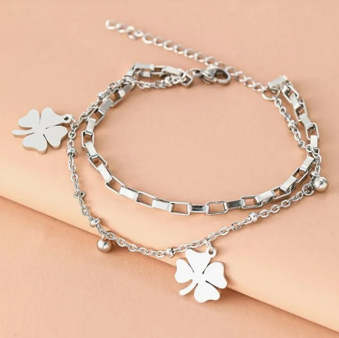 Stainless Steel Bracelets Trendy Fine Bell Clovers Pendant Beads Layer Chain Fashion Bracelet For Women Jewelry Festival Gifts