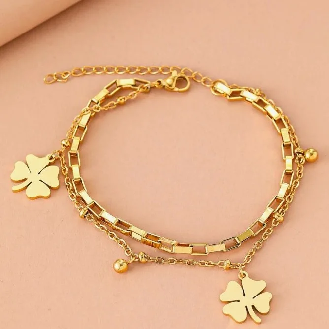 Stainless Steel Bracelets Trendy Fine Bell Clovers Pendant Beads Layer Chain Fashion Bracelet For Women Jewelry Festival Gifts
