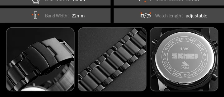 Skmei Mens Full Steel Strap Quartz Wristwatch 3 Time Back Light Display Digital Watches Countdown Clock Relogio Masculino