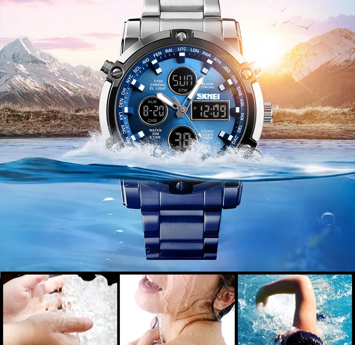 Skmei Mens Full Steel Strap Quartz Wristwatch 3 Time Back Light Display Digital Watches Countdown Clock Relogio Masculino