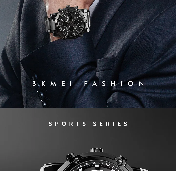 Skmei Mens Full Steel Strap Quartz Wristwatch 3 Time Back Light Display Digital Watches Countdown Clock Relogio Masculino