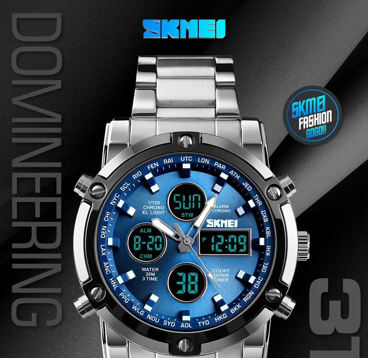 Skmei Mens Full Steel Strap Quartz Wristwatch 3 Time Back Light Display Digital Watches Countdown Clock Relogio Masculino