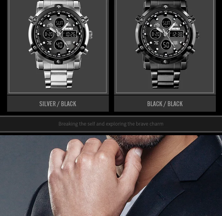Skmei Mens Full Steel Strap Quartz Wristwatch 3 Time Back Light Display Digital Watches Countdown Clock Relogio Masculino