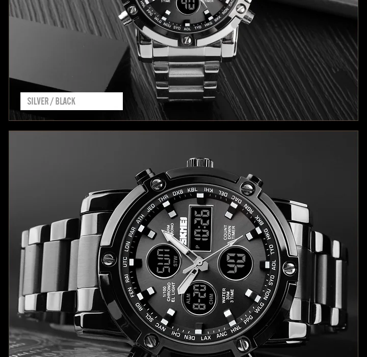 Skmei Mens Full Steel Strap Quartz Wristwatch 3 Time Back Light Display Digital Watches Countdown Clock Relogio Masculino
