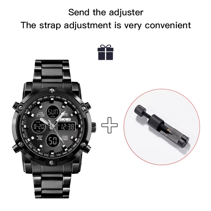 Skmei Mens Full Steel Strap Quartz Wristwatch 3 Time Back Light Display Digital Watches Countdown Clock Relogio Masculino
