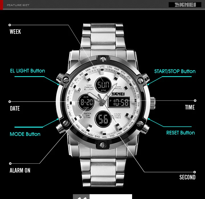 Skmei Mens Full Steel Strap Quartz Wristwatch 3 Time Back Light Display Digital Watches Countdown Clock Relogio Masculino