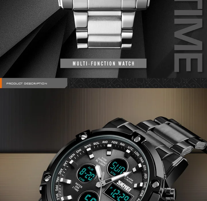 Skmei Mens Full Steel Strap Quartz Wristwatch 3 Time Back Light Display Digital Watches Countdown Clock Relogio Masculino