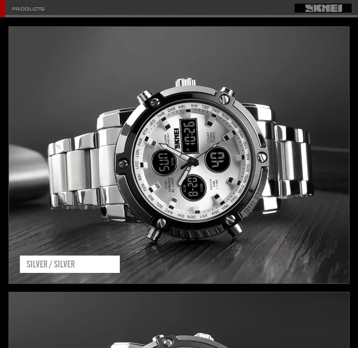 Skmei Mens Full Steel Strap Quartz Wristwatch 3 Time Back Light Display Digital Watches Countdown Clock Relogio Masculino