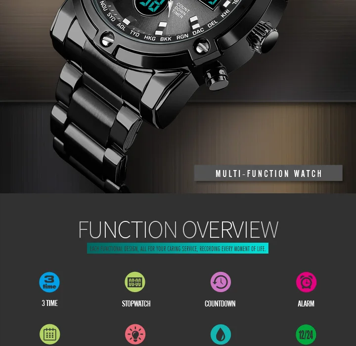 Skmei Mens Full Steel Strap Quartz Wristwatch 3 Time Back Light Display Digital Watches Countdown Clock Relogio Masculino