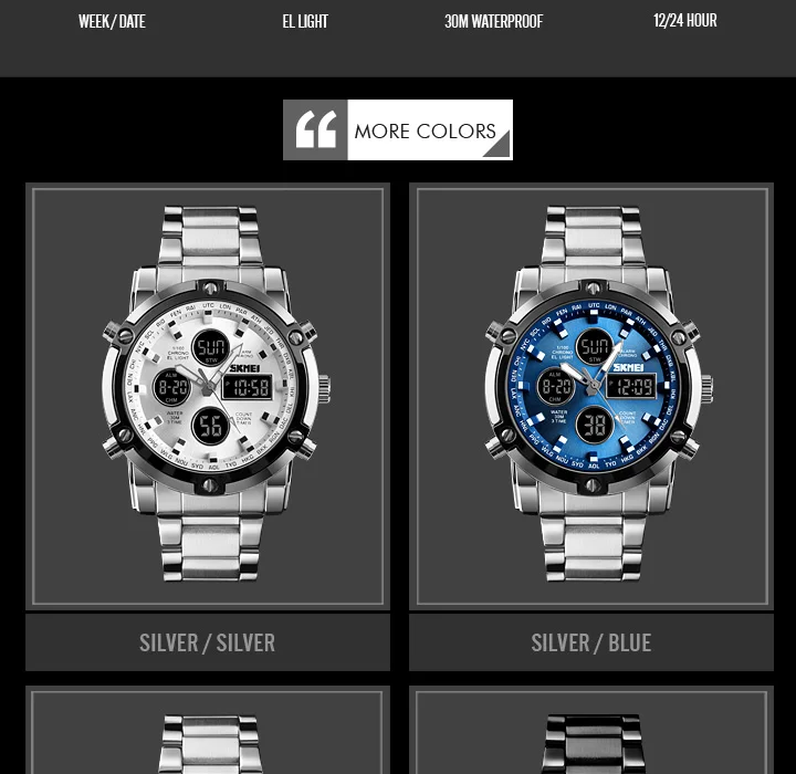 Skmei Mens Full Steel Strap Quartz Wristwatch 3 Time Back Light Display Digital Watches Countdown Clock Relogio Masculino