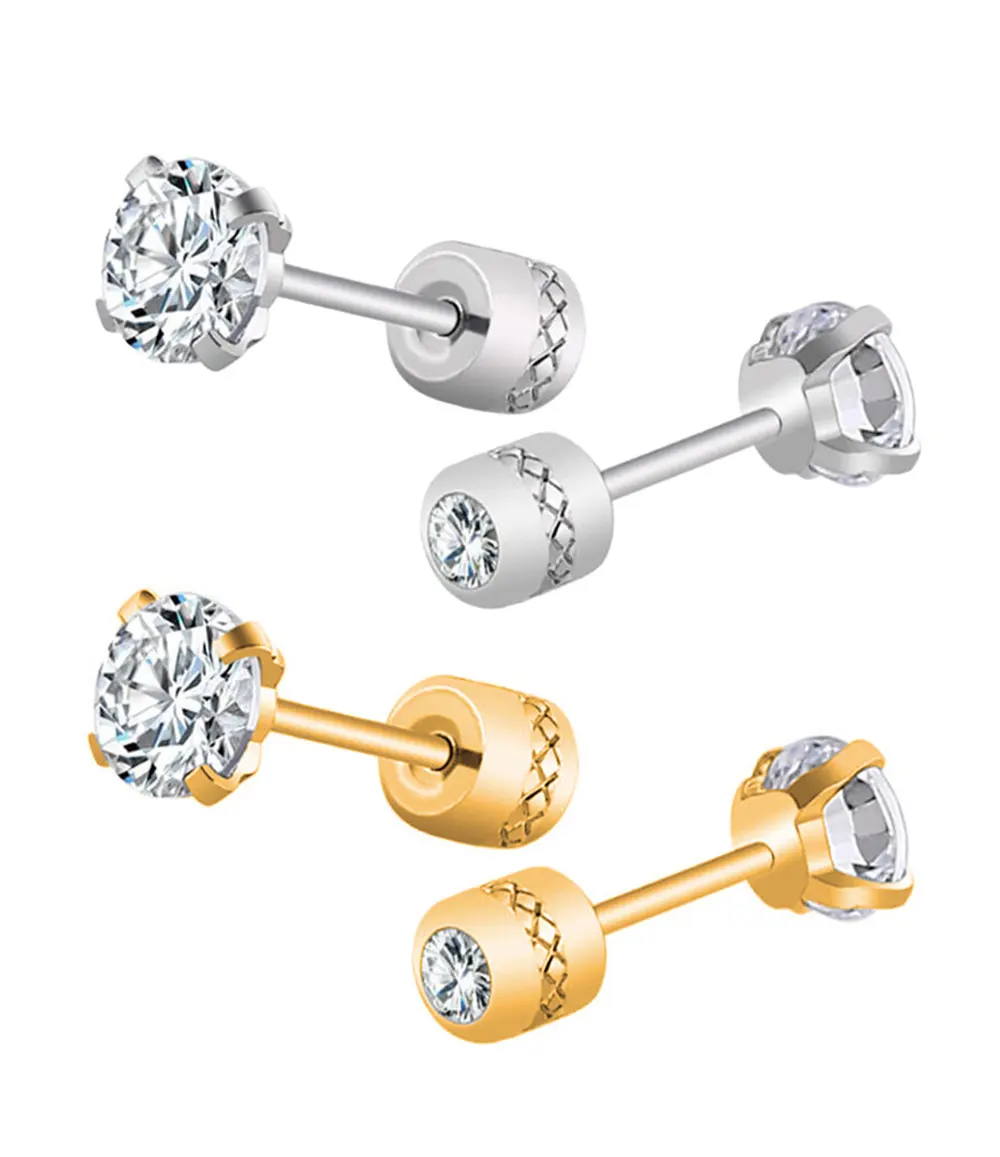 2 piece Medical Stainless steel Crystal Zircon Ear Studs Earrings Tragus Cartilage Hypoallergenic Screws Piercing Jewelry