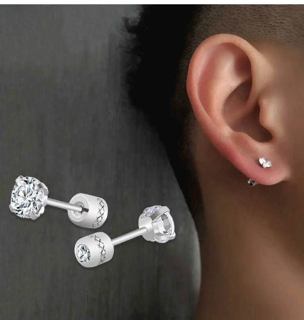 2 piece Medical Stainless steel Crystal Zircon Ear Studs Earrings Tragus Cartilage Hypoallergenic Screws Piercing Jewelry