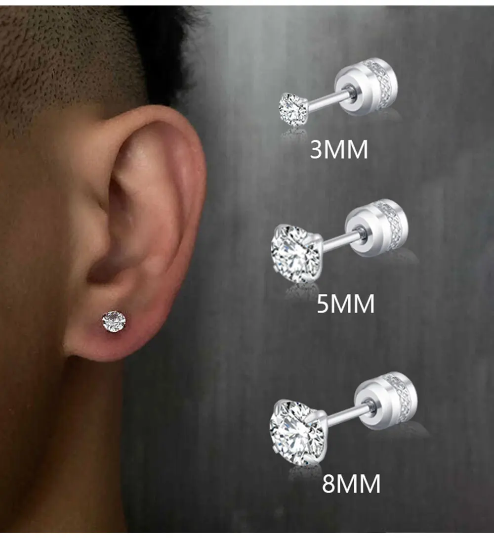 2 piece Medical Stainless steel Crystal Zircon Ear Studs Earrings Tragus Cartilage Hypoallergenic Screws Piercing Jewelry