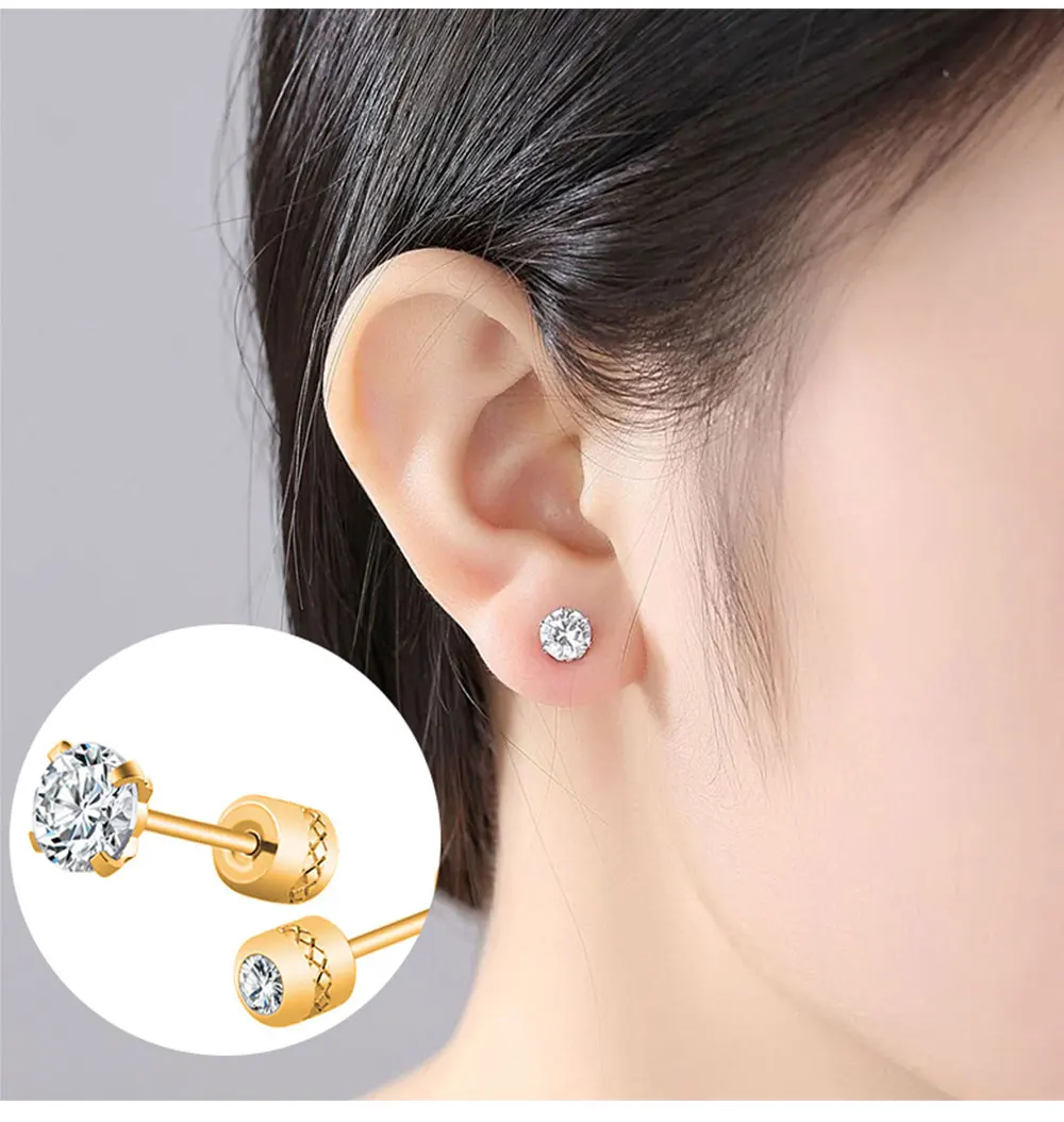 2 piece Medical Stainless steel Crystal Zircon Ear Studs Earrings Tragus Cartilage Hypoallergenic Screws Piercing Jewelry