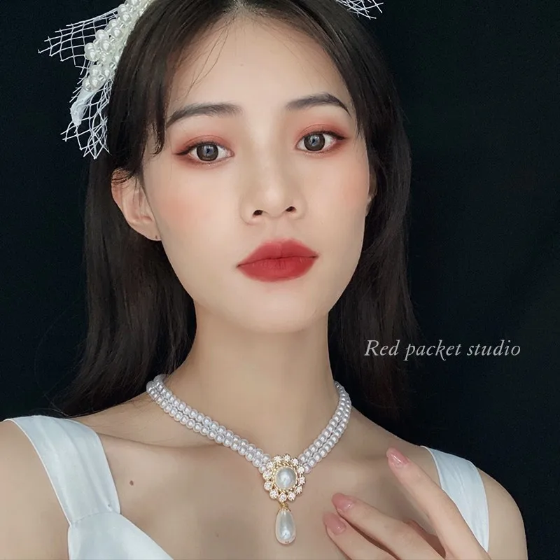 SHMIK Elegant Vintage Palace Full Pearl Pendant Necklace Chains Earrings For Women Lady Classic Exquisite Chorker Chains Jewelry