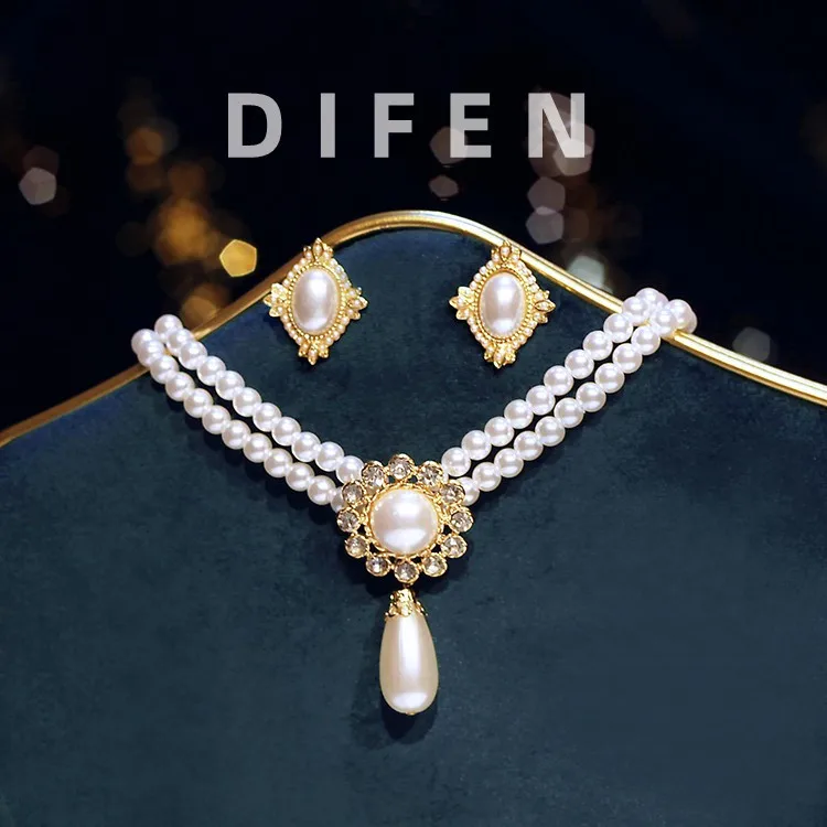 SHMIK Elegant Vintage Palace Full Pearl Pendant Necklace Chains Earrings For Women Lady Classic Exquisite Chorker Chains Jewelry