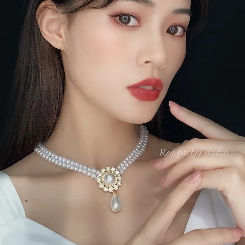SHMIK Elegant Vintage Palace Full Pearl Pendant Necklace Chains Earrings For Women Lady Classic Exquisite Chorker Chains Jewelry