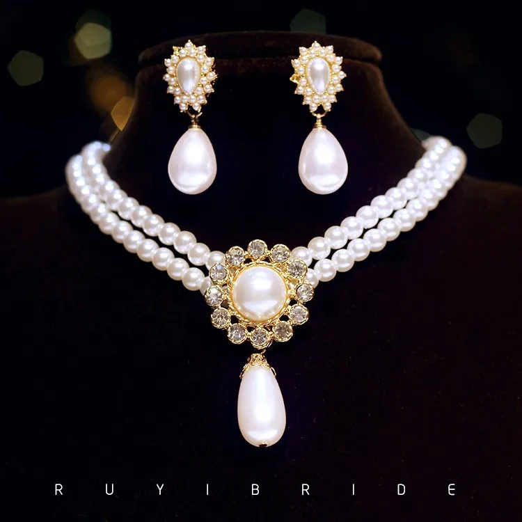 SHMIK Elegant Vintage Palace Full Pearl Pendant Necklace Chains Earrings For Women Lady Classic Exquisite Chorker Chains Jewelry