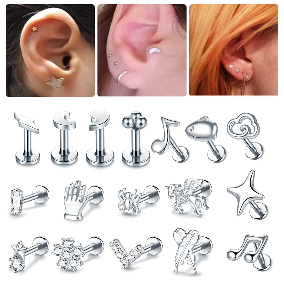 1PC 16G Steel Crystal Flower Mini Stud Earring Piercings Feather Lighting Star Helix Cartilage Tragus Lobe Ear Piercings Jewelry