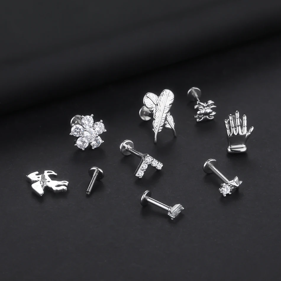 1PC 16G Steel Crystal Flower Mini Stud Earring Piercings Feather Lighting Star Helix Cartilage Tragus Lobe Ear Piercings Jewelry