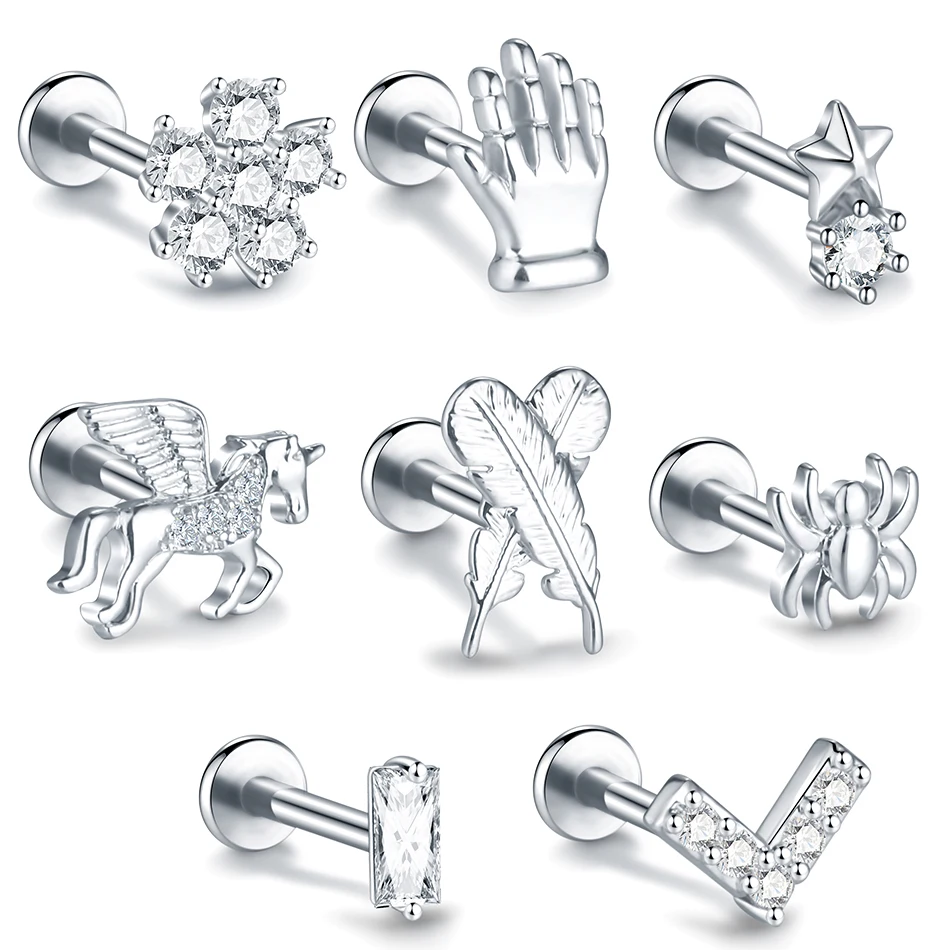 1PC 16G Steel Crystal Flower Mini Stud Earring Piercings Feather Lighting Star Helix Cartilage Tragus Lobe Ear Piercings Jewelry
