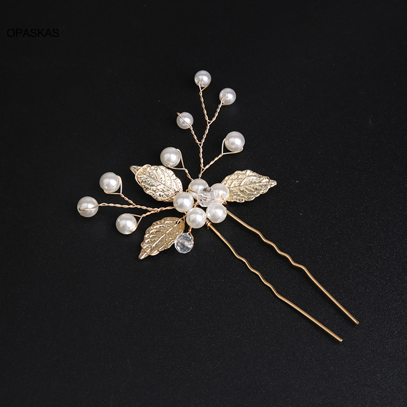 Pearl Hairpin With Side Comb Wedding Hair Accessories Golden Leaf Beads Flower Hair Clip U-shaped Alloy Headwear Fashion Jewelry
