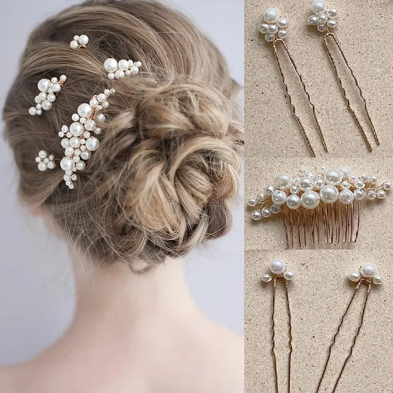 Pearl Hairpin With Side Comb Wedding Hair Accessories Golden Leaf Beads Flower Hair Clip U-shaped Alloy Headwear Fashion Jewelry