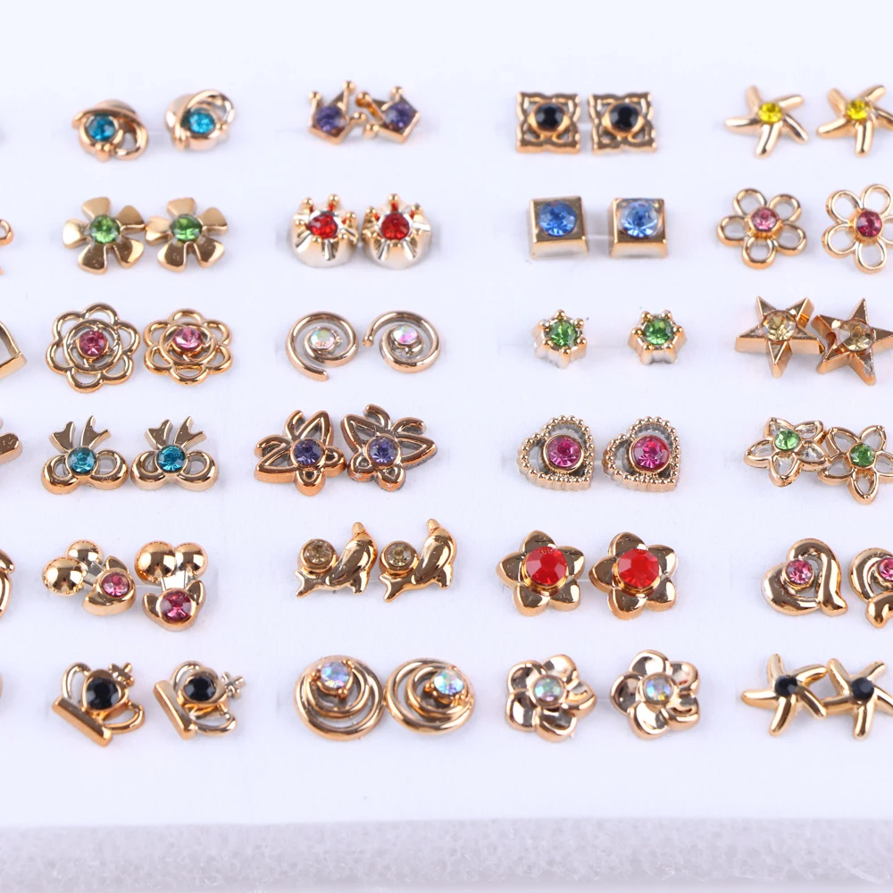 36Pairs/Lot Fashion Colorful Rhinestone Stud Earring Women Girls Animal Fruit Piercing Jewelry Wedding Party Gifts Mixed Style